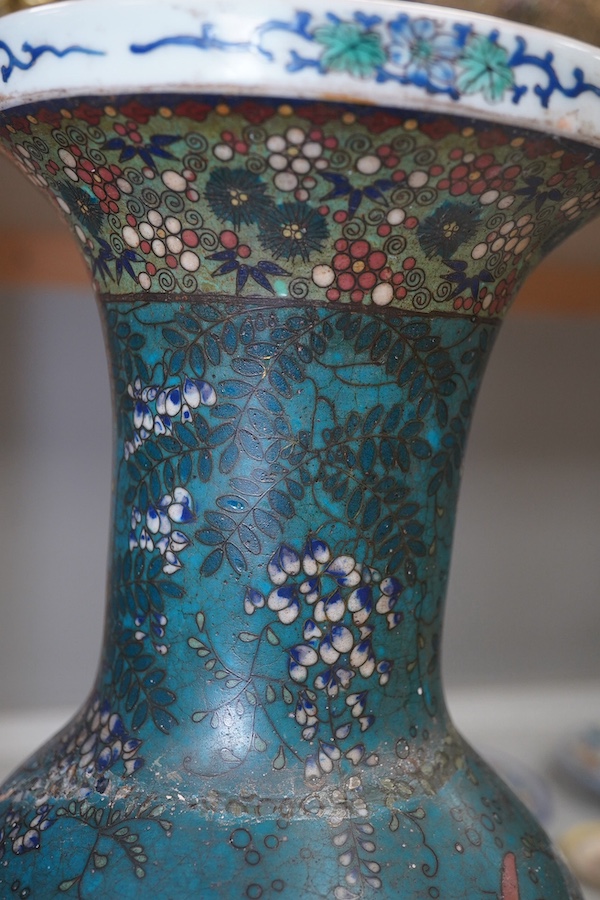 A pair of Japanese ceramic cloisonné baluster vases, Meiji period, signed, 40cm. Condition - poor to fair